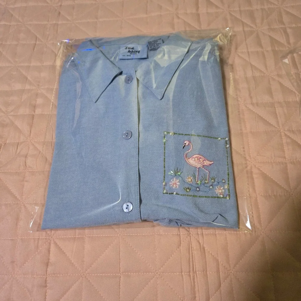 Jane Ashley Blue‎ Cotton Flamingo Chambray Set Top Pants PL Embroidery Sequin